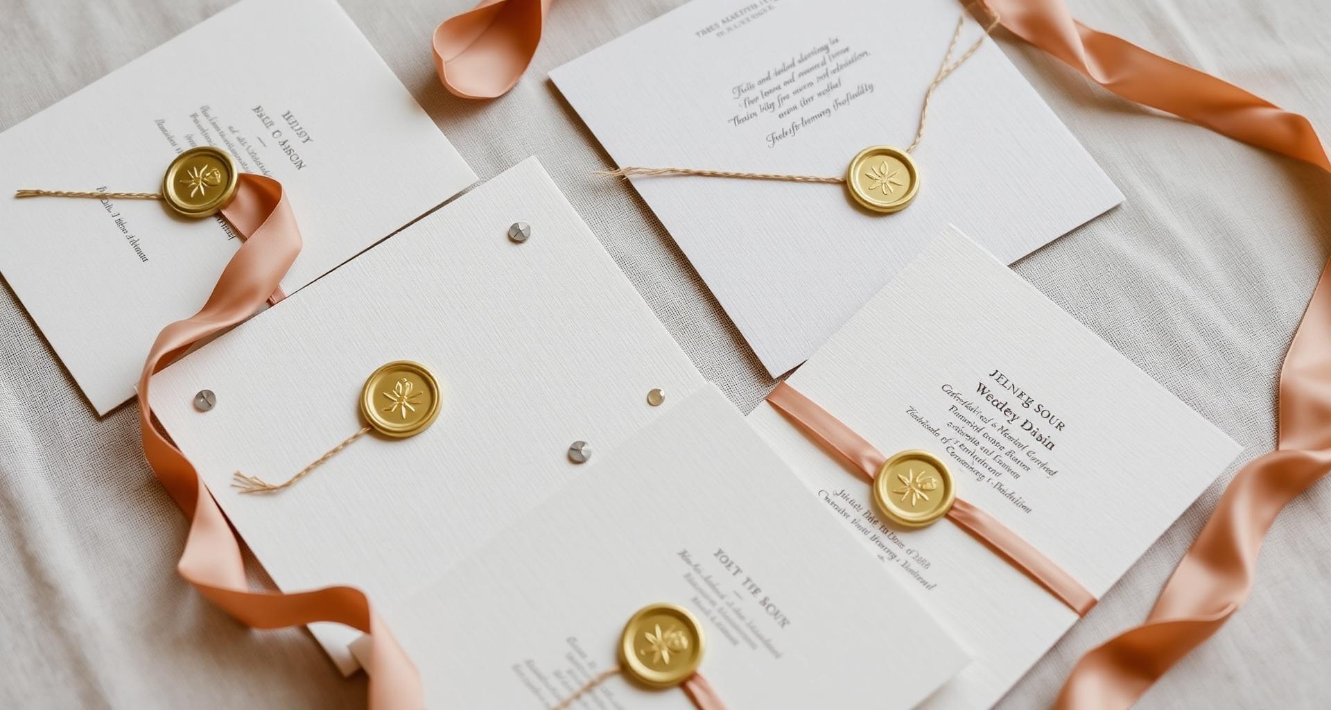A flat lay of textured cotton wedding invitations with gold wax seals and silk ribbons