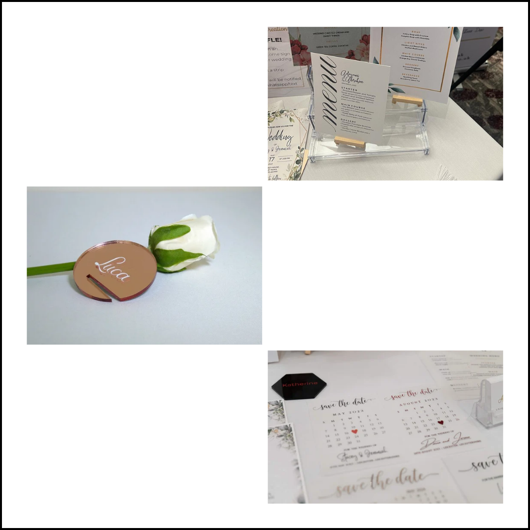 Menu's at a wedding fair, acrylic wine disc and save the date